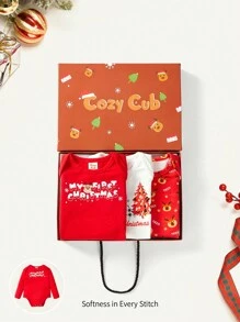 Baby Boy 3pcs Christmas Print Gift Box Bodysuit - White - View 3