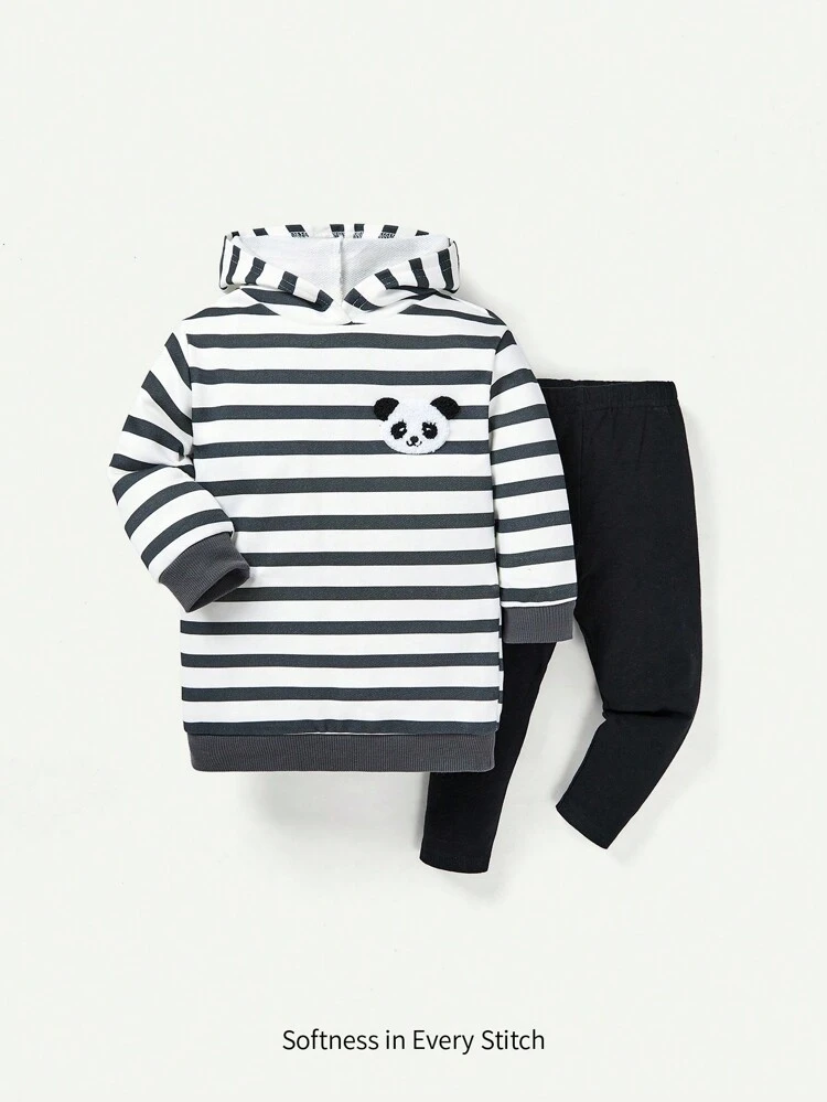 Baby Girl Panda Patched Striped Hoodie & Leggings