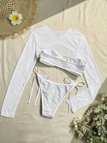 SHEIN Swim Women Solid Color Bandeau Bikini Set For Vacation With Mesh Long Sleeve Cover Up Top Summer - Silver - View 4
