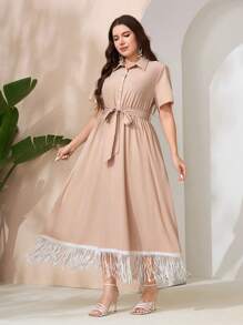 Mulvari Women's Plus Size Solid Color Lace Up Dress With Tassel Detailing - Apricot - View 4
