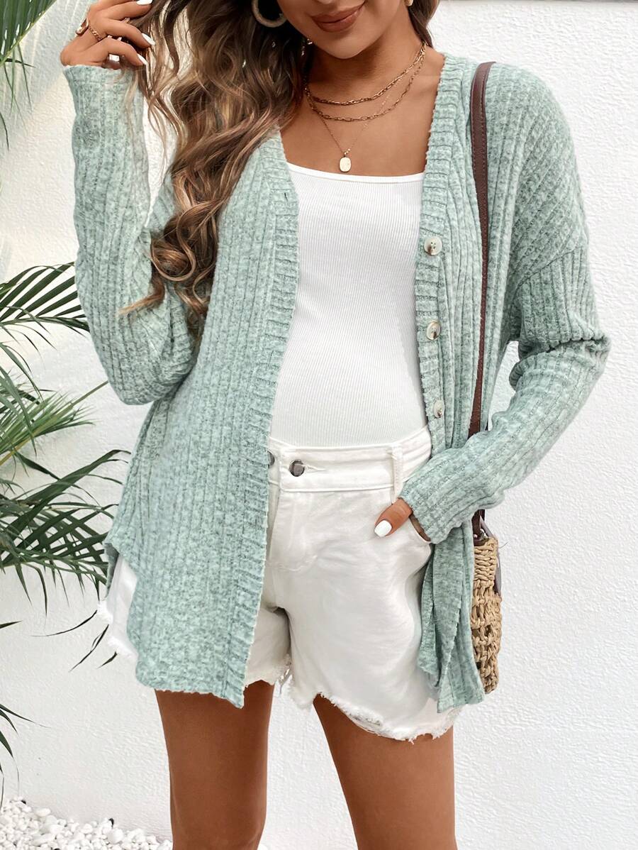 SHEIN Maternity Spring/Summer Loose Drop Shoulder Rib-Knit Single Breasted Long Sleeve T-Shirt