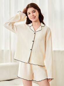 Teen Girl Cardigan Simplu Alb Maneca Lungi Cu Pantaloni Scurt Casual 2buc/Set Tinuta Acasă