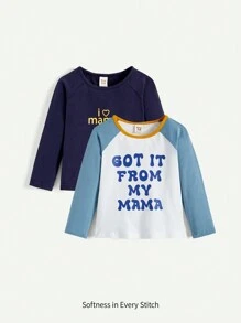 Cozy Pixies Ensemble 2 Pièces Pour Bébé Garçon: Haut De Couleur Solide À Manches Raglan Imprimé De Lettre En Contraste De Couleur - Bleu marine - Voir 1