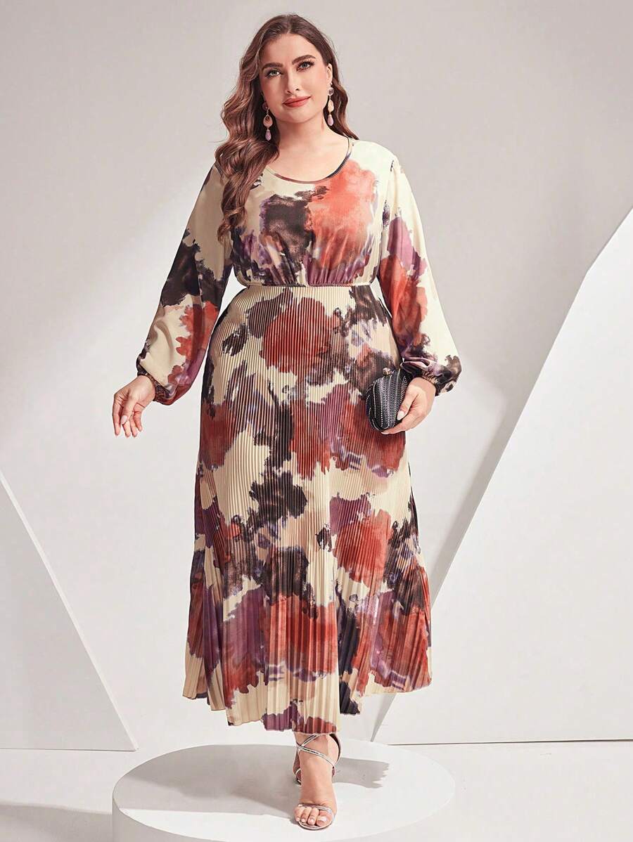 Modelyn Plus Size In Ngẫu Nhiên Tay Đèn Lồng Váy Xếp Ly Viền - Bụi hồng - Xem 1