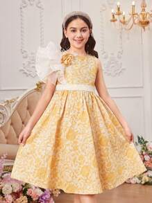 SHEIN Vestido De Jacquard Floral Elegante Para Adolescentes Comprimento De Joelho Com Detalhes De Babados E Laço De Pescoço Redondo Para Férias