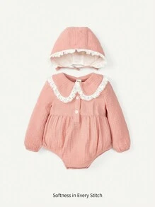Cozy Pixies Đứa bé gái Đồ trang trí thêu mắt Cổ tròn Áo liền quần chặt Với mũ - Màu Hồng  San hô - Xem 1