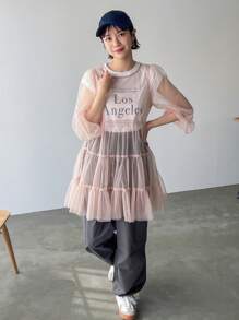 FRIFUL Fall Spring Fashionable Mesh Ruffled Hem Dress Sundress Long Sleeve Dress - Pink - View 2