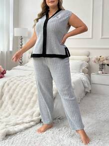 Women's Plus Size Color Block Patchwork Open Front Sleeveless Pajama Set