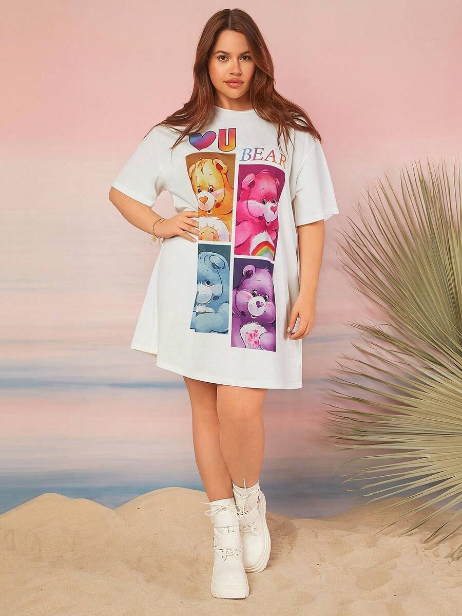 SHEIN X Care Bears Đầm dệt kim dáng rộng cỡ lớn có vai trễ và in chữ lớn, thích hợp cho lễ hội âm nhạc, màu trắng, mùa hè - trắng - Xem 1