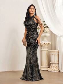 SHEIN Belle Elegant Luxury Party Black Gold Positioned Sequins Baby Stand Collar Bra Cups Tassels Handmade Beading Drop Sleeves Fitted Arms High Waist Knee Floor Mermaid Dress Date Party Graduation Wedding Events Music Festival Heavy Duty Evening Gown - Black - View 7