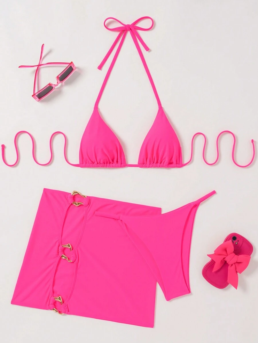 SHEIN Swim Women's Solid Color Minimalist Halter Neck Bikini Set Summer Beach - Hot Pink - View 1