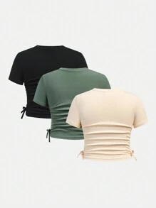 SHEIN Conjunto De 3 Camisetas De Punto Sólido Con Cuello Redondo Y Manga Corta Casual Fruncido Para Niñas Jóvenes
