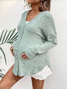 SHEIN Maternity Spring/Summer Loose Drop Shoulder Rib-Knit Single Breasted Long Sleeve T-Shirt