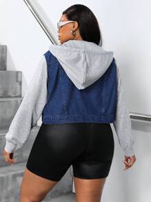SHEIN SXY 加大尺碼帽兜休閒牛仔夾克，有扣子閉合，束繩和拼接面料 - 深色水洗藍 - 查看 2