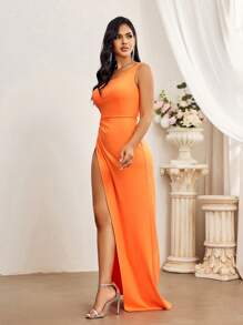 SHEIN Belle 优雅橙色不对称肩部弹力针织胸围杯腰部高腰修身侧褶高开叉及地拖尾约会单身度假派对毕业季婚礼活动重型晚礼服 - 亮橙色 - 查看 5