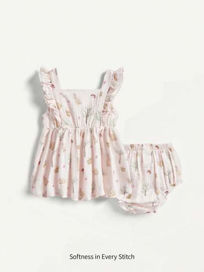 Cozy Pixies Baby Girls' Floral Pattern Square Neckline Ruffled Top With Elastic Waist Flower Bud Shorts Set Matching Set