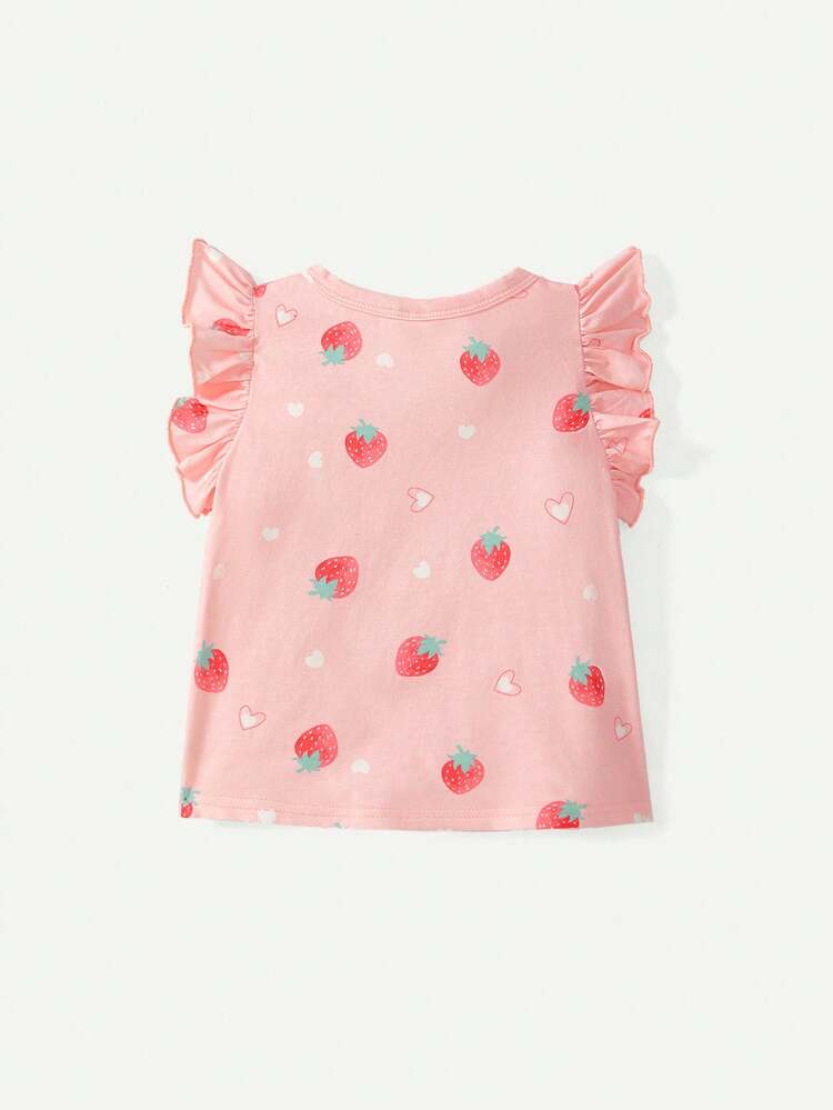 4pcs/Set Baby Girls' Cartoon Strawberry Pattern Short Sleeve Top With Ruffle Trim & Bow Decor And Shorts Matching Set