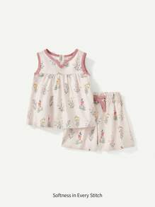 Cozy Pixies Baby Girl Floral Pattern Colorblock Tank Top And Casual Shorts 2pcs Outfit Matching Set - Pink - View 1