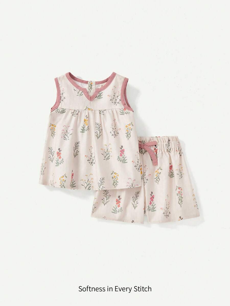 Cozy Pixies Baby Girl Floral Pattern Colorblock Tank Top And Casual Shorts 2pcs Outfit Matching Set - Pink - View 1