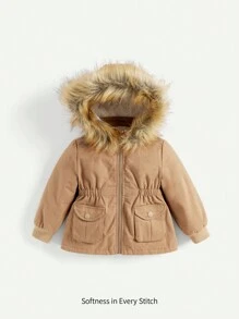 Baby Girl Flap Pocket Fuzzy Trim Hooded Thermal Lined Coat - Khaki - View 1