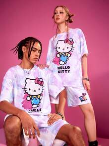 HELLO KITTY AND FRIENDS | SHEIN Bộ đồ hai mảnh thời trang đường phố nhuộm loang màu mát mẻ cho nam mùa hè - Hồng - Xem 5
