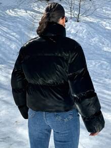 RueChic Drawstring Waist Zip Up Two Front Pocket  Puffer Coat - Black - View 2