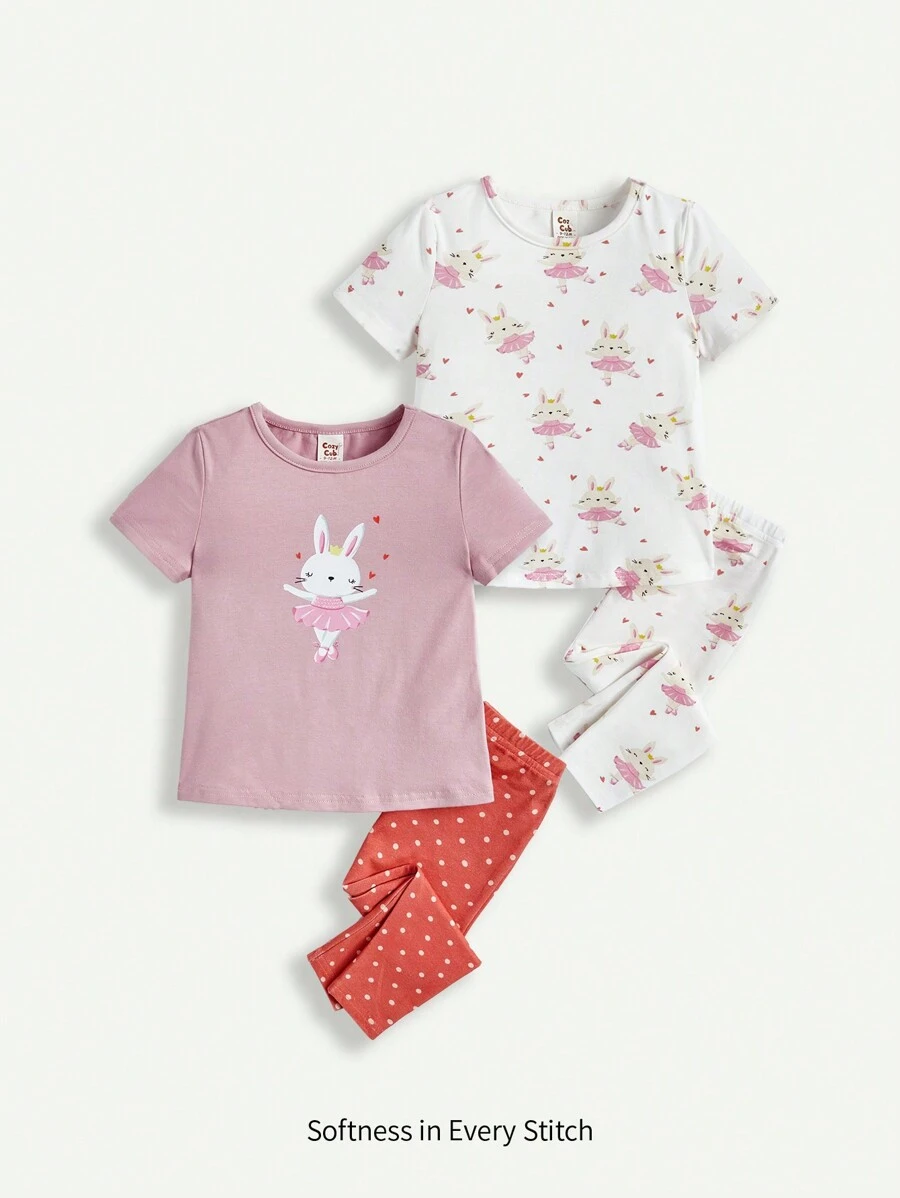 4pcs/Set Baby Girls' Flower Print Rabbit Applique Round Neck Short Sleeve Top And Snug Fit Pants Outfits Matching Set - Multicolor - View 1