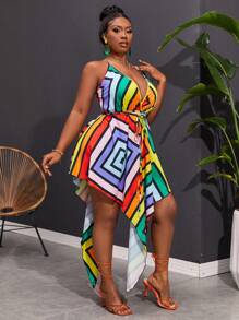 Maweii 夏季大碼彩色條紋不對稱擺式露背連身裙，帶領口頸部設計 - 彩色 - 查看 4