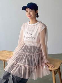 FRIFUL Fall Spring Fashionable Mesh Ruffled Hem Dress Sundress Long Sleeve Dress - Pink - View 4