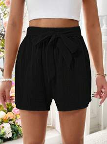 Chiquease Women's Solid Color Simple Belted Decor Shorts