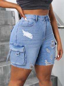 SHEIN SXY Plus Size Women's Workwear Style Denim Shorts With Distressed Finish And Multiple Pockets