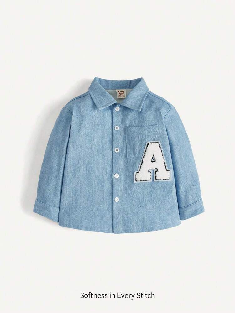 Baby Boy Denim-Effect Print Letter Patched Button Front Coat