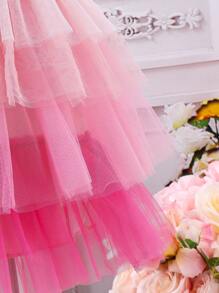 SHEIN Young Girl Round Neck Multiple Layers Mesh Contrast Blouse With Ruffle Hem - Pink - View 6