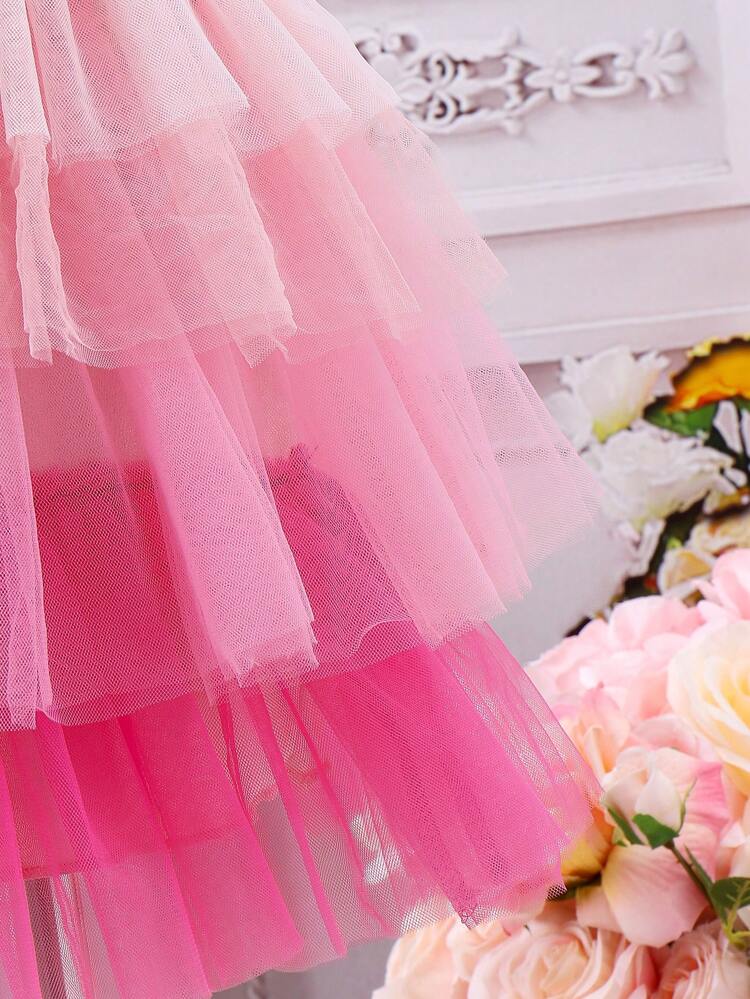 Young Girl Round Neck Multiple Layers Mesh Contrast Blouse With Ruffle Hem