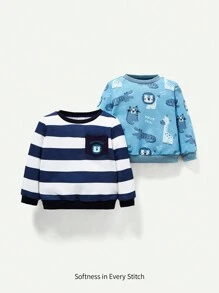 Cozy Pixies Baby Jungen 2 Stück Gestreift & Cartoon Grafik Sweatshirt - Blau - Übersicht 1