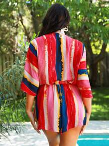 SHEIN SXY Summer Rainbow Stripe Printed Chiffon Loose Bell-Sleeved Jacket & Loose Shorts & White Knitted Vest 3Pcs Woman Outfits Short Sets