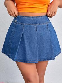 SHEIN EZwear Kích thước lớn Của phụ nữ Giải trí Mini Lỏng lẻo Xanh Váy Denim - Rửa trung bình - Xem 4