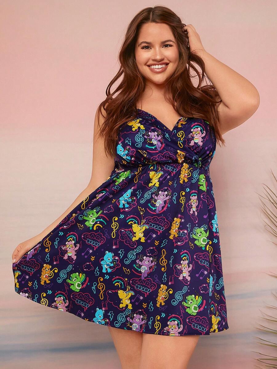 SHEIN X Care Bears 大碼時尚休閒音樂節風格熊印彈性編織舒適透氣夏季陽光裙，帶細肩帶 - 彩色 - 查看 1