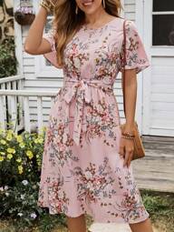 EMERY ROSE Women's Floral Print Ruffle Sleeve Waist Dress