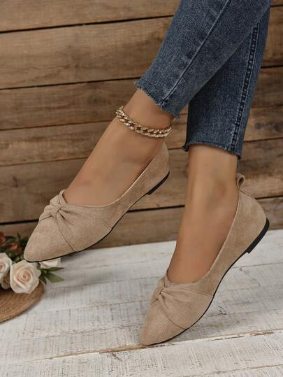 2025 Autumn Ladies' Brown Minimalist Flat Shoes With Pleated Surface Design, Elegant, Outdoor, Summer, Brown Faux Suede Slip-On Shoes