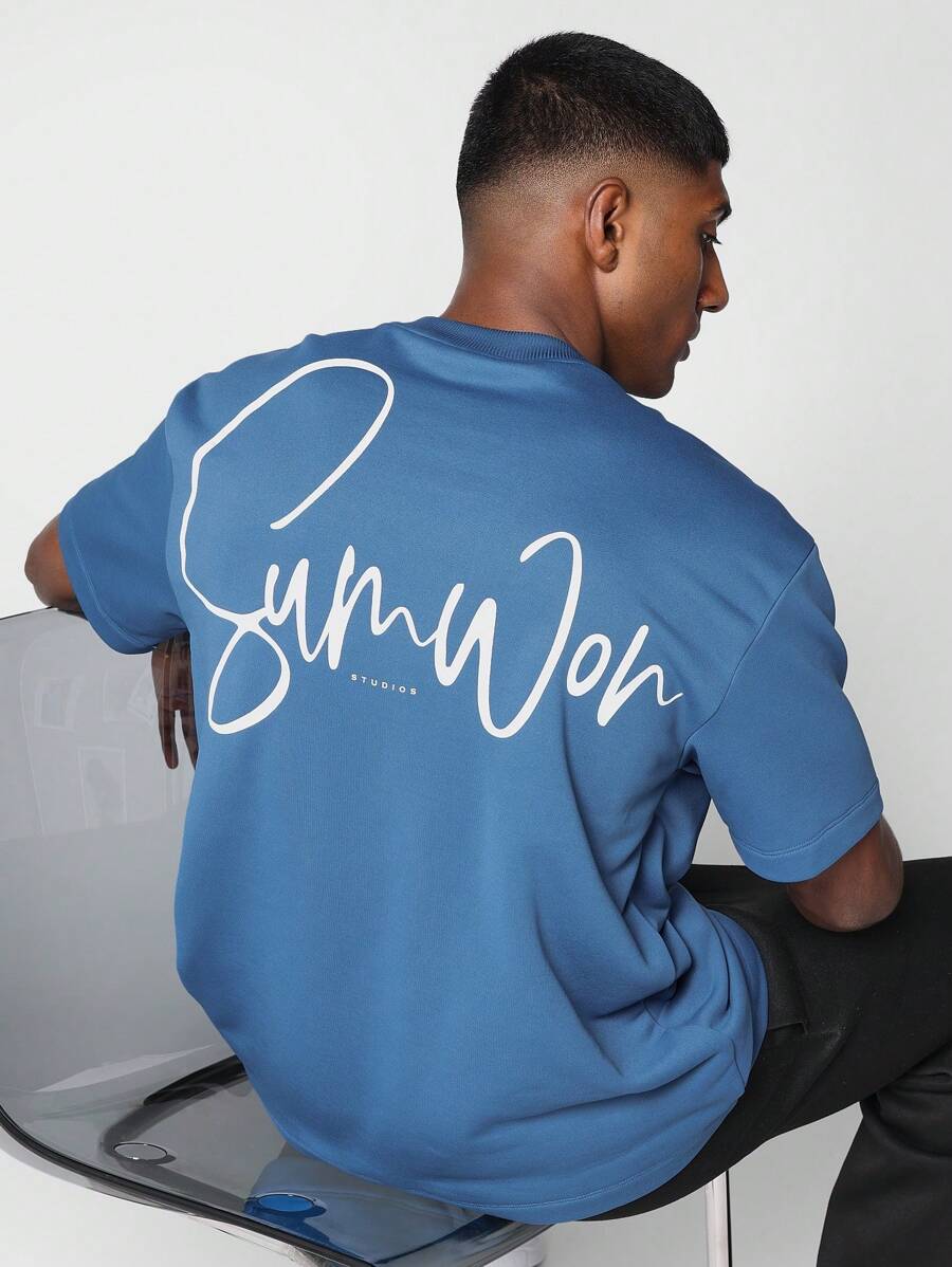 SUMWON 背面带有图案印花的重磅优质 T 恤 - 藍色 - 查看 1
