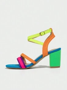 女士夏季新款绑带法式优雅风格舒适粗跟凉鞋 - 彩色 - 查看 3