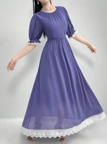 Modelyn Ladies' Contrast Color Lace Trimmed Round Neck Dress - Blue - View 3