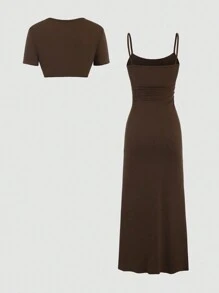 Sweetra 實色短款上衣配側邊褶皺背心裙套裝 - 棕色 - 查看 2