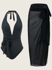 Swim Vcay Costume Da Bagno Intero Con Scollo A V Profondo E Bretelle Al Collo Con Gonna Copri-costo