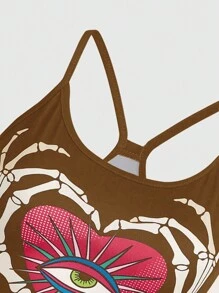 Doodleandpattern Gothic Heart-Eye Skull Hand Print Camisole Top For Women - Coffee Brown - View 3