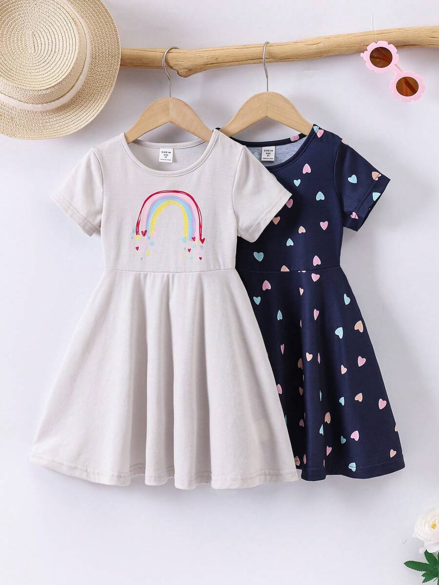 SHEIN 年轻女孩2件装休闲多色彩虹爱心短袖连衣裙夏季 - 彩色 - 查看 1