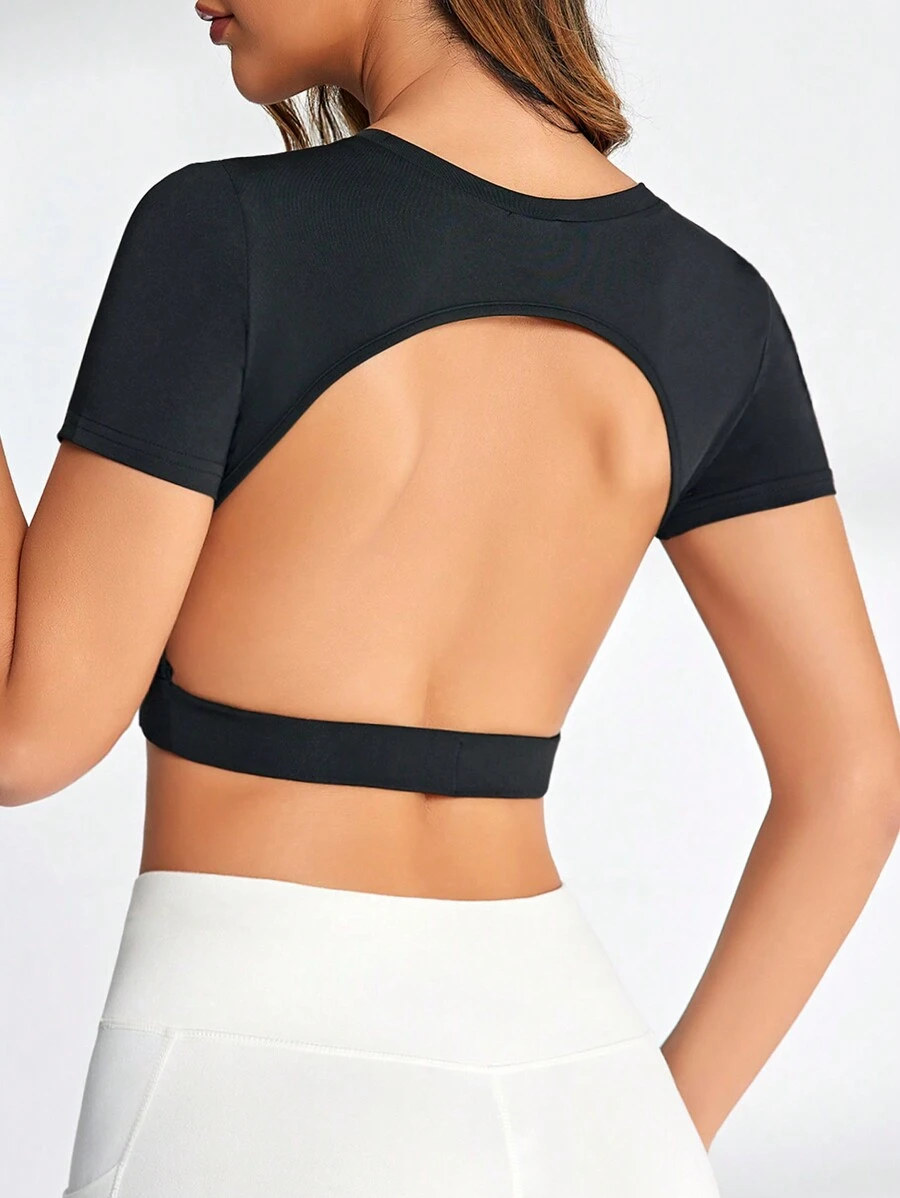 Women's Backless Short Sleeve Cropped Athletic T-Shirt Gym Top - Black - View 1