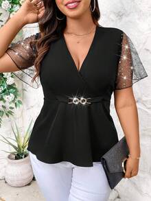 SHEIN Clasi 夏季大码休闲撞色网眼V领松紧腰衬衫 - 黑色 - 查看 5