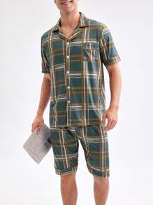 Men's Plaid Short Sleeve And Shorts Pajama Set - Army Green - View 1